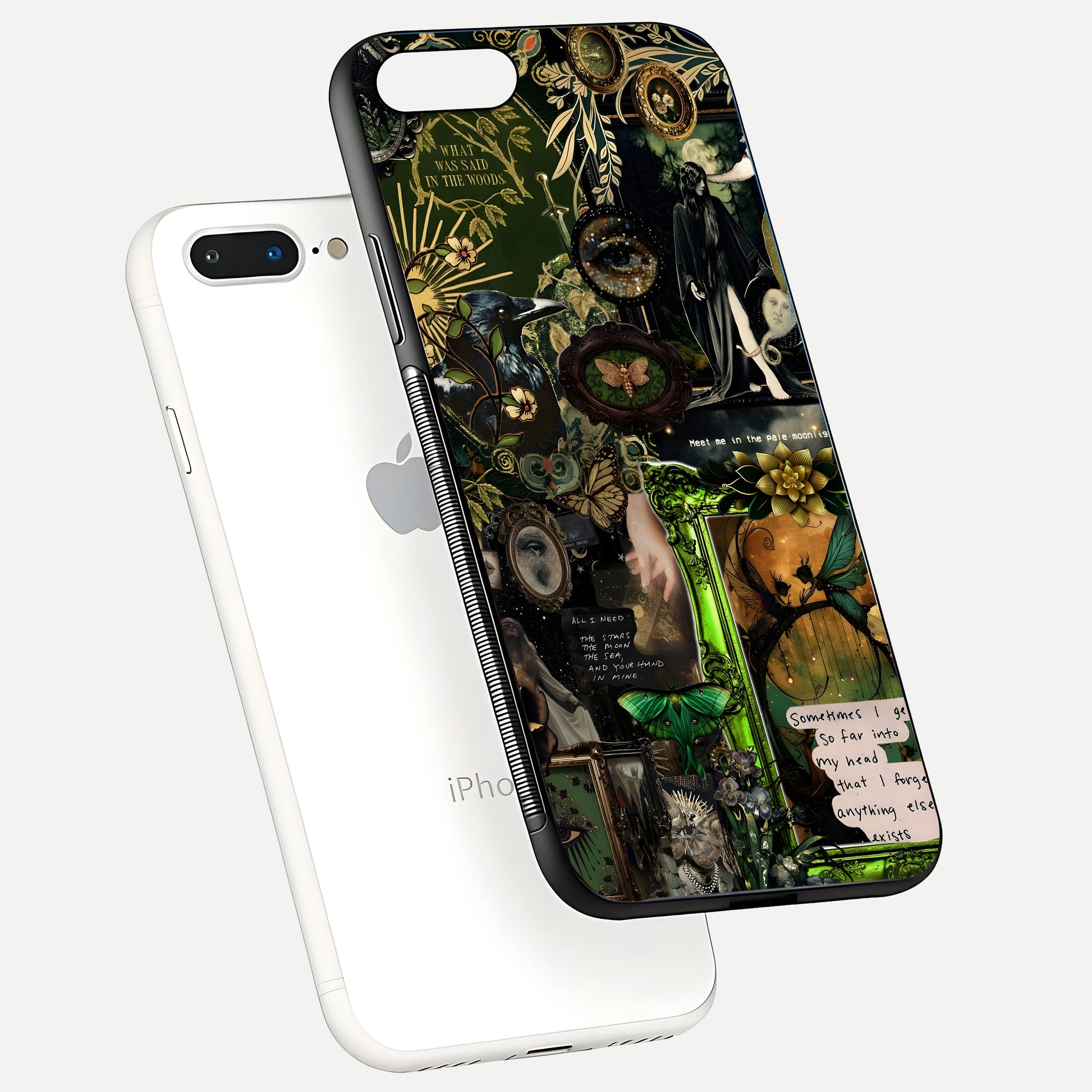 Mystic Woods Secret Glass Case for iPhone 7 Plus floating dual-view mockup showing HD shine and depth