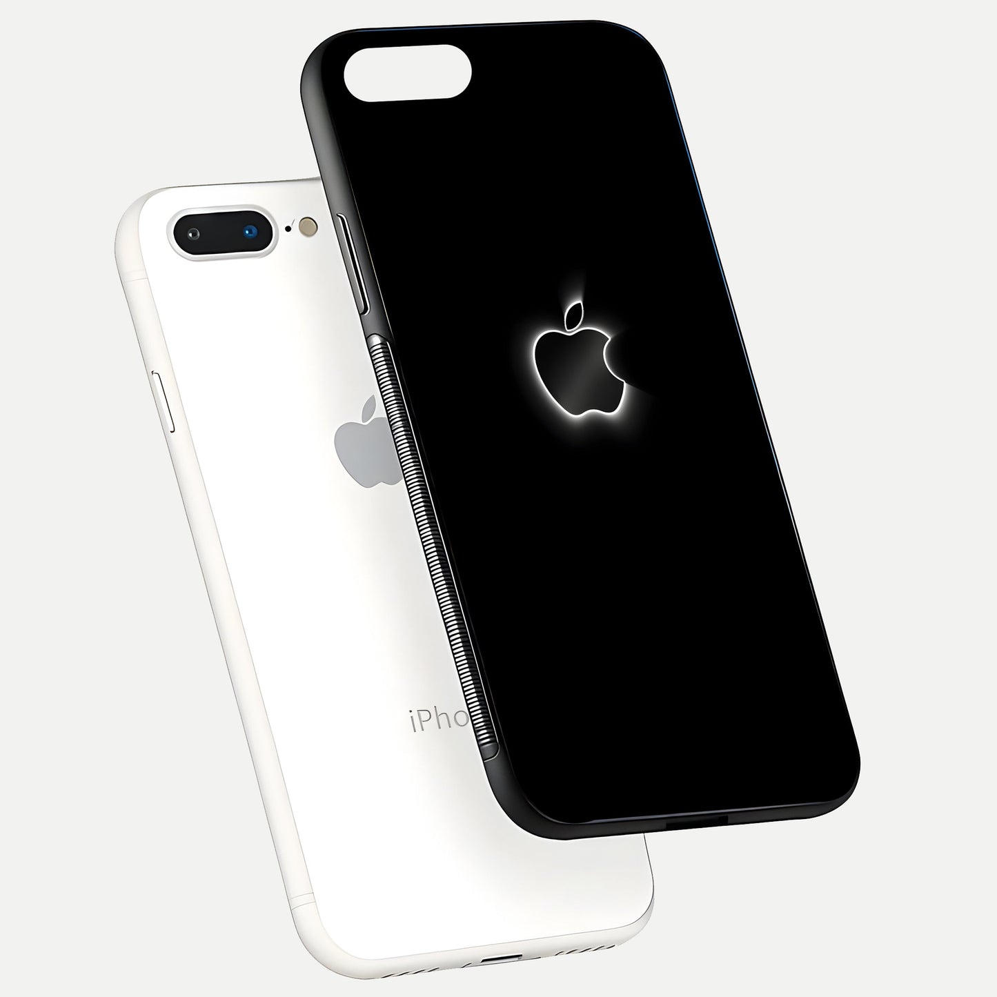 Neon Apple Glow Glass Case for iPhone 7 Plus floating dual-view mockup showing HD shine and modern look