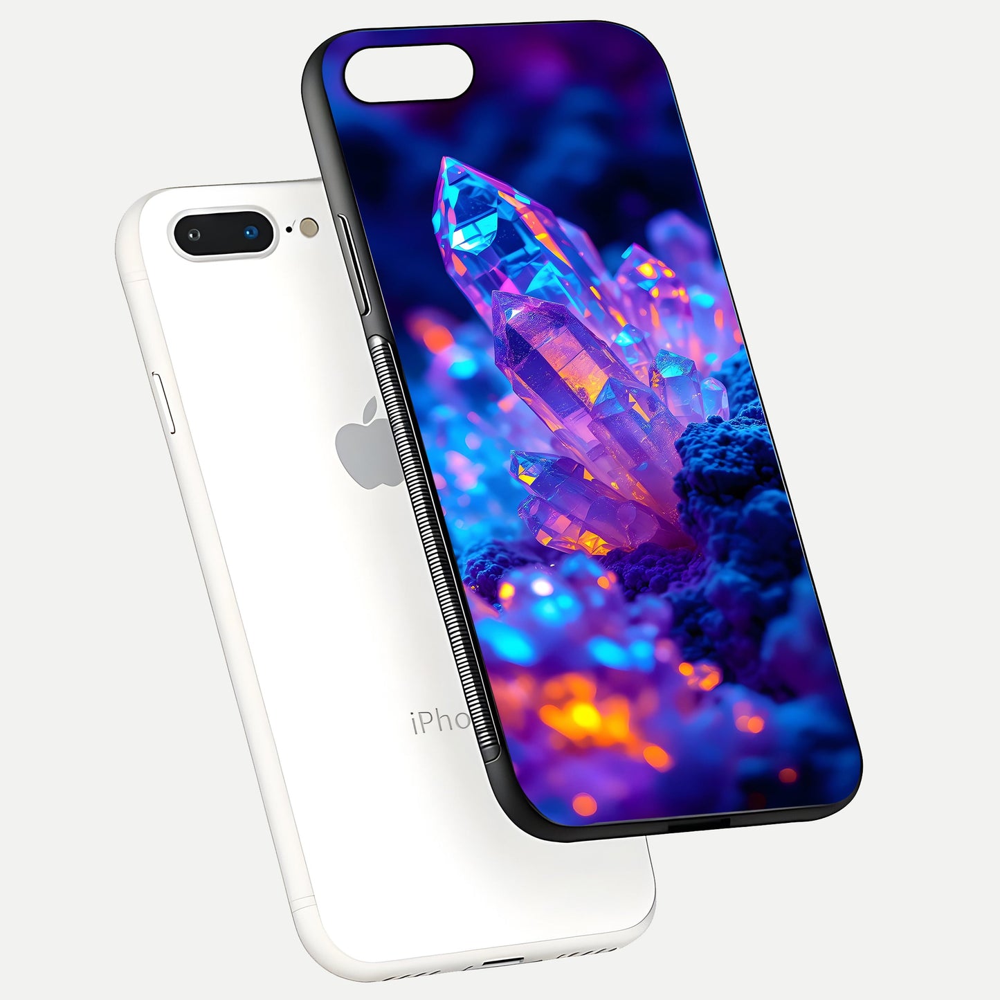 Neon Aura Shards Glass Case for iPhone 7 Plus floating dual-view mockup showing HD shine and shard texture