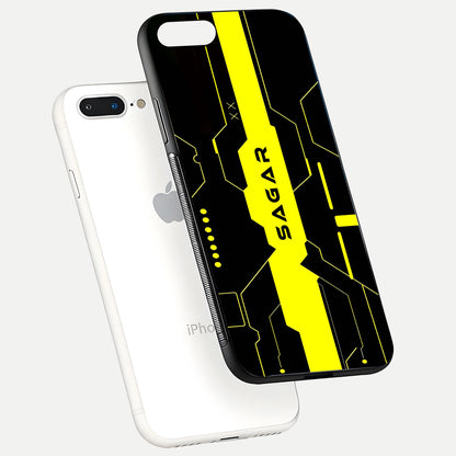Neon CYBERPUNK Custom Name Glass Case for iPhone 7 Plus floating dual-view mockup showing HD shine and neon lines