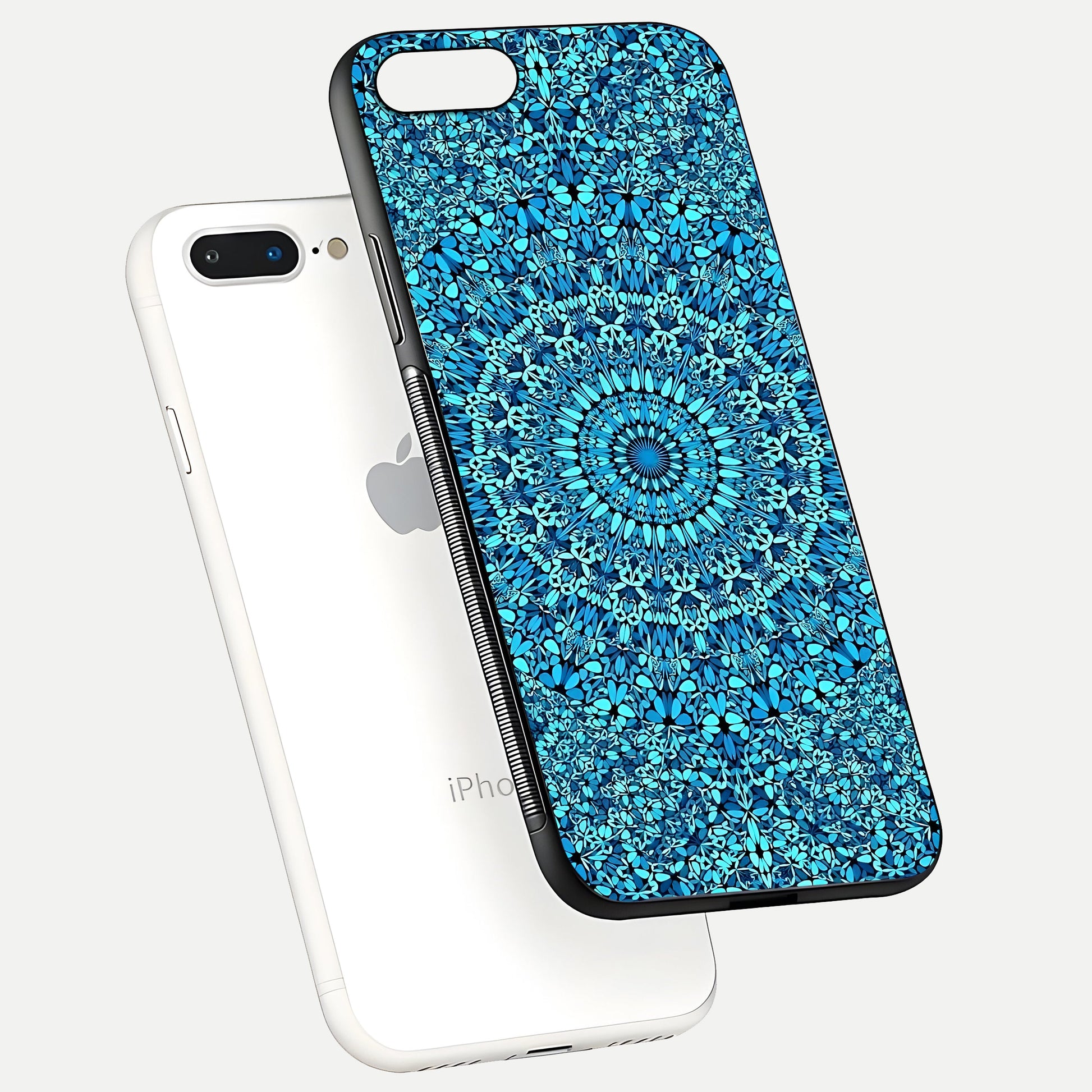 Ocean Bloom Mandala Glass Case for iPhone 7 Plus floating dual-view mockup showing gloss texture and print depth