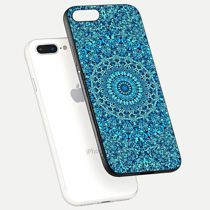 Ocean Bloom Mandala Glass Case for iPhone 7 Plus floating dual-view mockup showing gloss texture and print depth