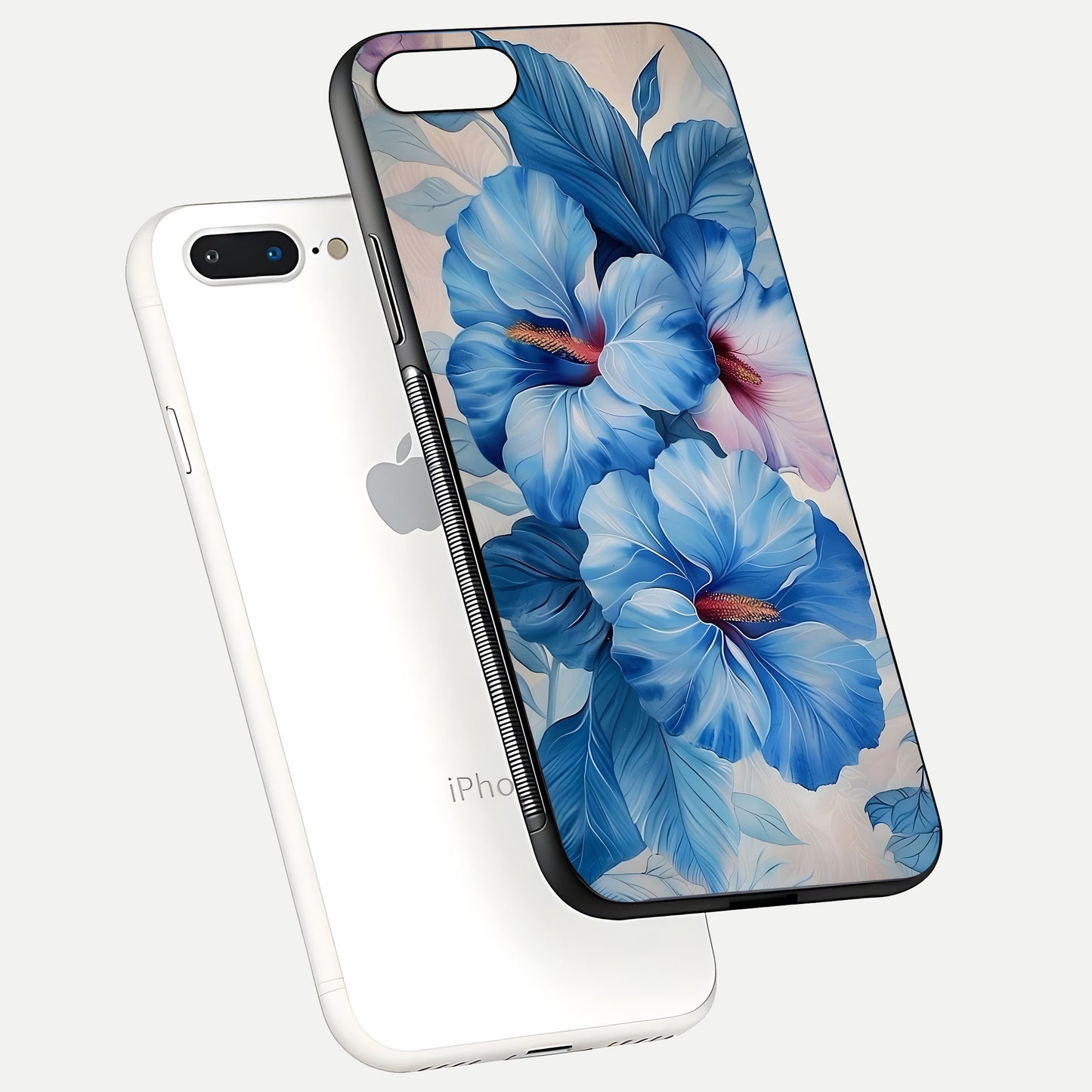 Ocean Hibiscus Grace Glass Case for iPhone 7 Plus floating dual-view mockup showing gloss reflection and print clarity