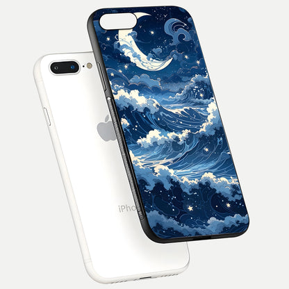 Ocean Moon Waves Glass Case for iPhone 7 Plus floating dual-view mockup showing gloss texture and moon glow