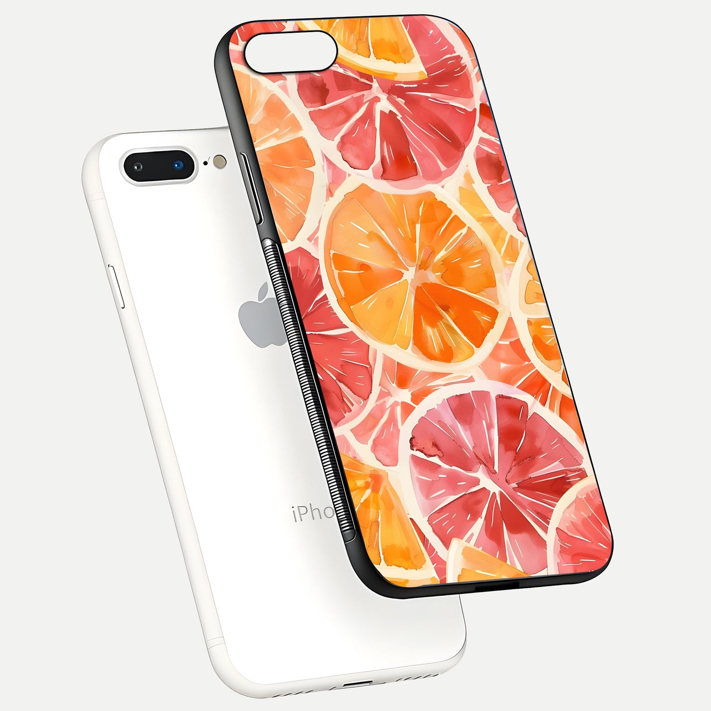 Orange Fruits Pattern Glass Case for iPhone 7 Plus floating dual-view mockup showing gloss reflection and HD tone