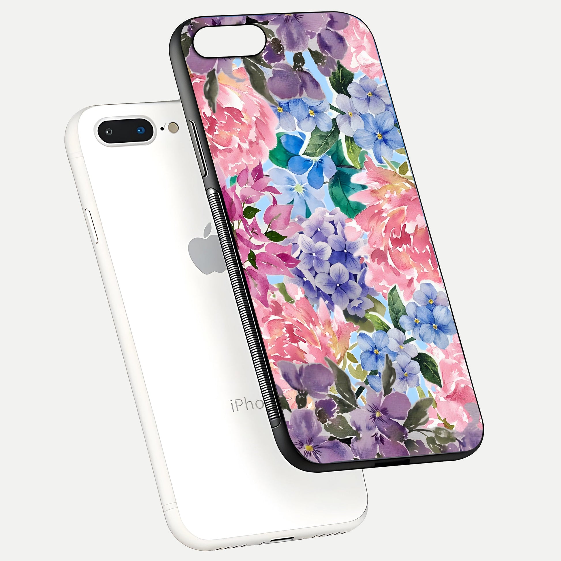Pastel Floral Mix Glass Case for iPhone 7 Plus floating dual-view mockup showing HD gloss and floral texture
