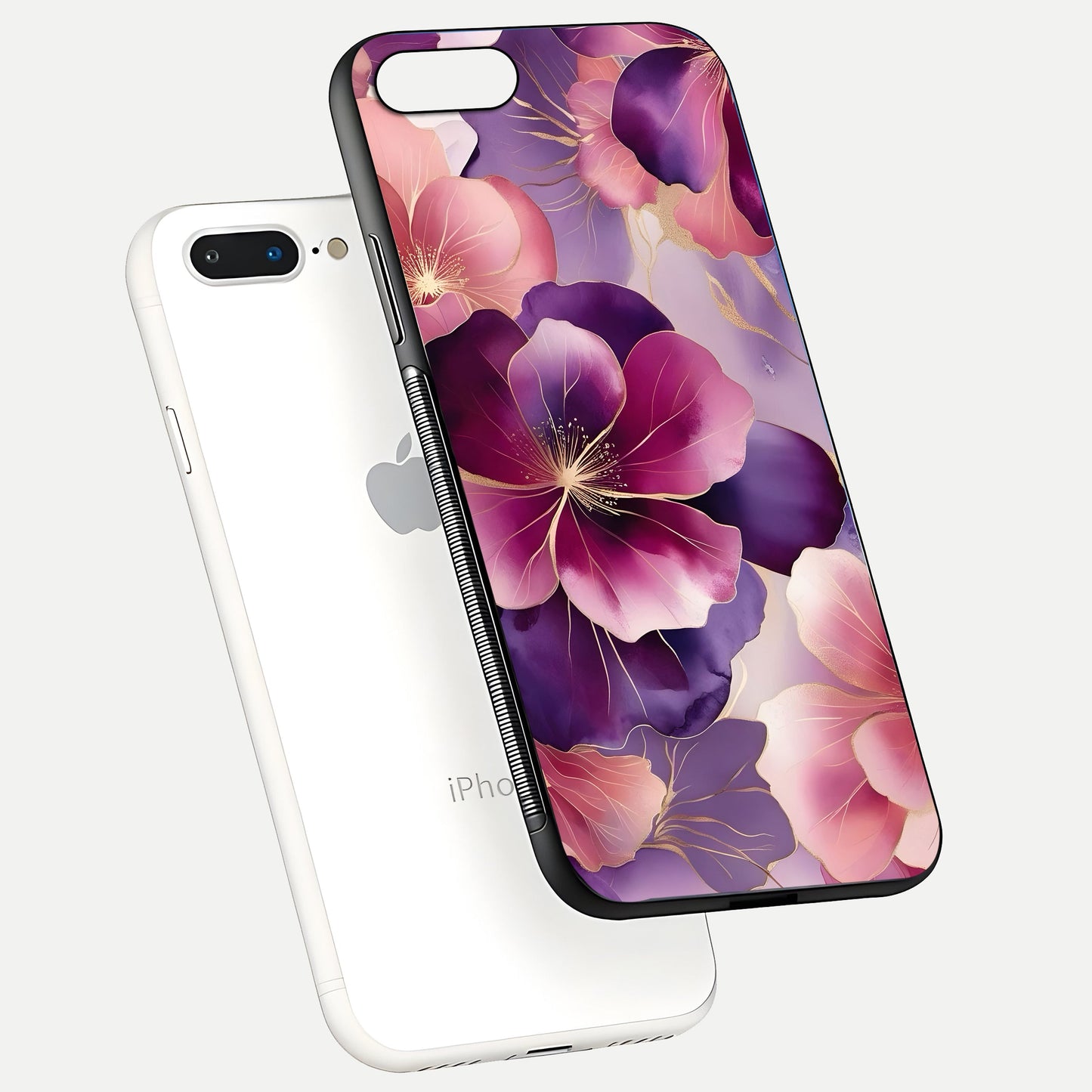 Pink Bouquet Florals Glass Case for iPhone 7 Plus floating dual-view mockup showing gloss surface and color depth
