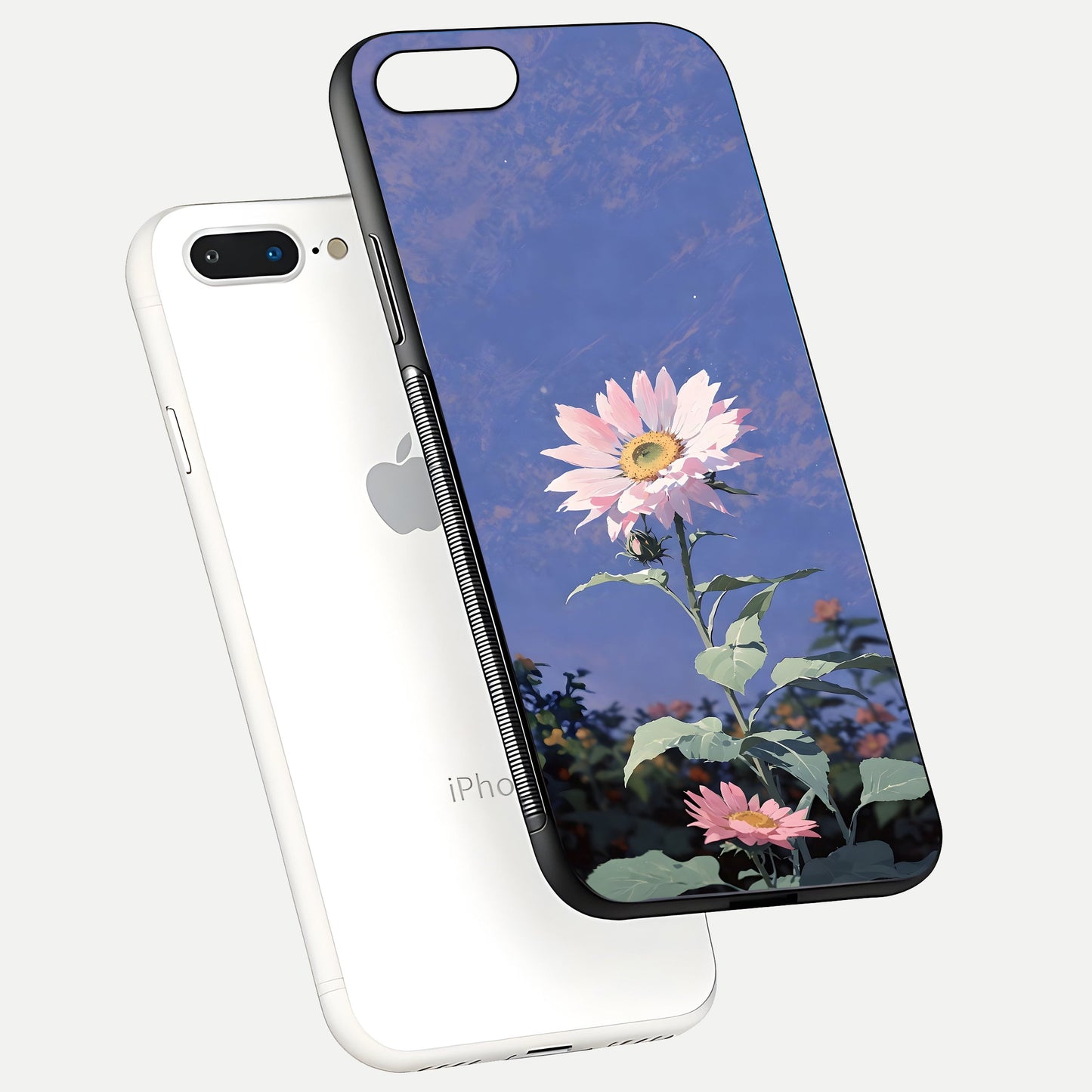 Pink Sunflower Glow Glass Case for iPhone 7 Plus floating dual-view mockup showing gloss reflection and design depth
