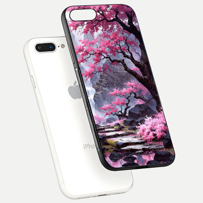 Pinkish Scenery Glass Case for iPhone 7 Plus floating dual-view mockup displaying gloss shine and artistic tone