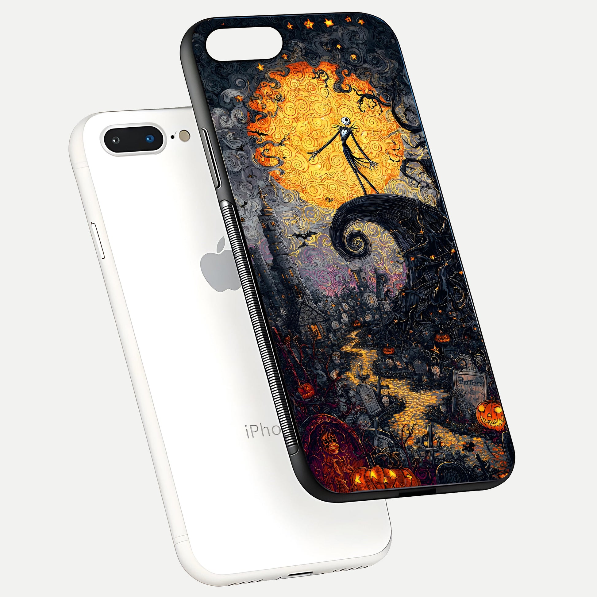 Pumpkin Moon Night Glass Case for iPhone 7 Plus floating dual-view mockup showing HD gloss and spooky detail