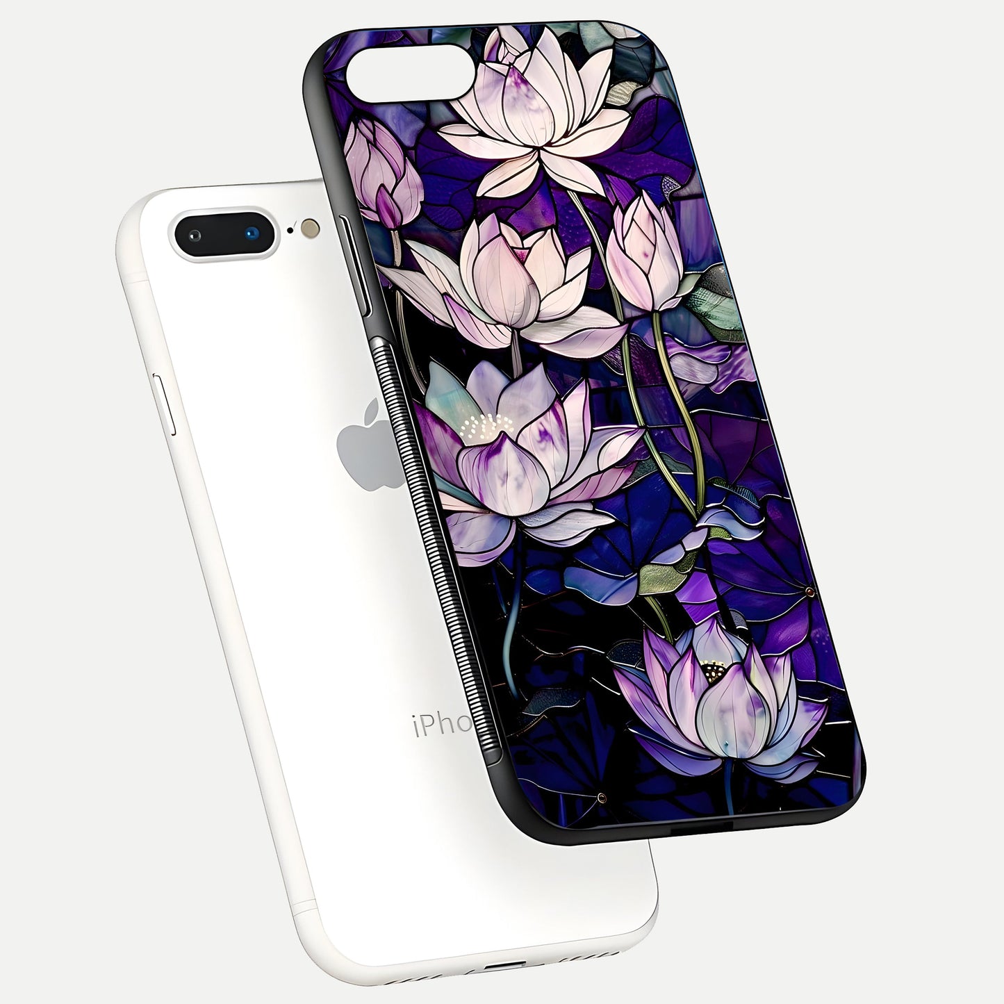 Purple Lotus Pattern Glass Case for iPhone 7 Plus floating dual-view mockup showing glass shine and vivid purple hue