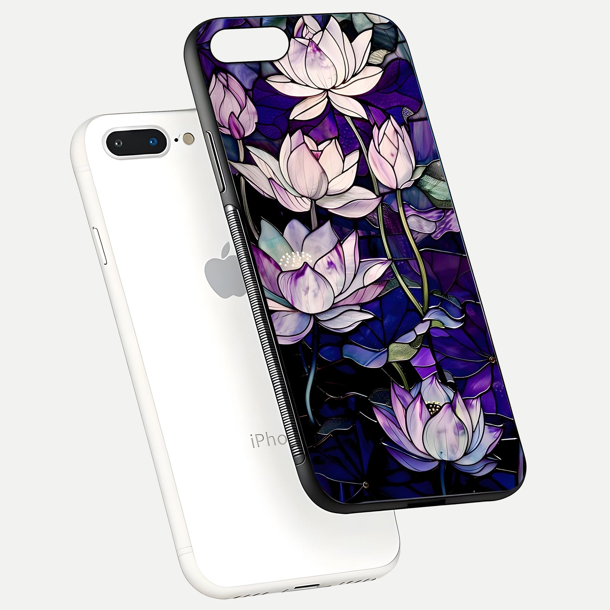 Purple Lotus Pattern Glass Case for iPhone 7 Plus floating dual-view mockup showing glass shine and vivid purple hue