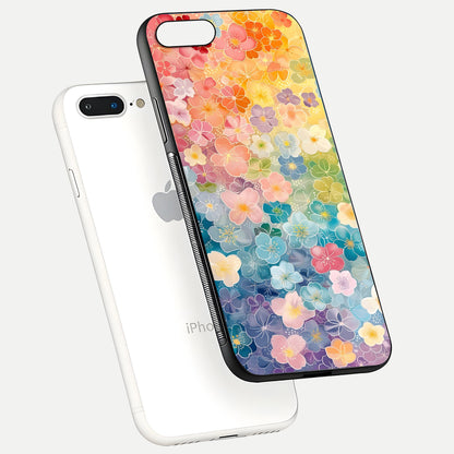Rainbow Blossom Burst Glass Case for iPhone 7 Plus floating dual-view mockup displaying gloss and gradient pattern