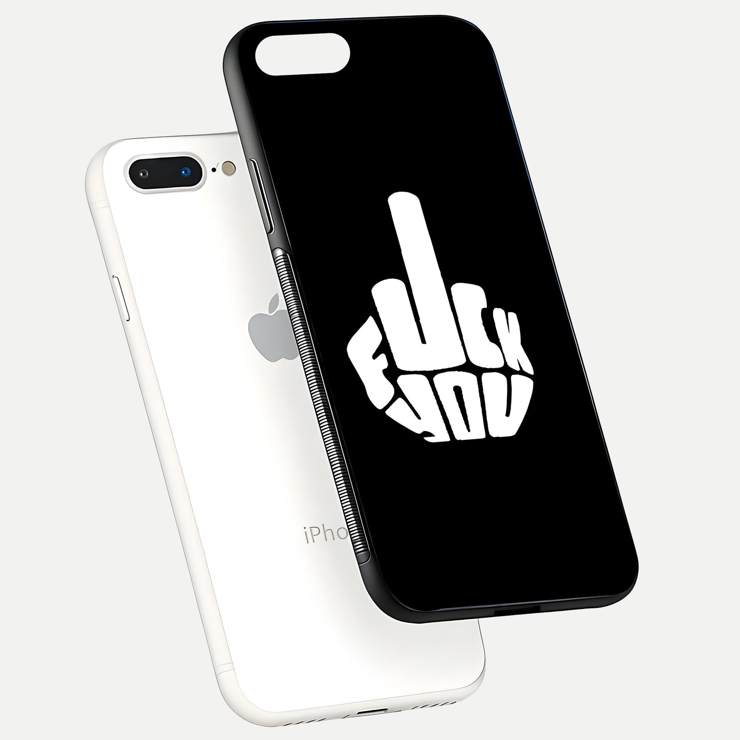 Rebel Mode On Glass Case for iPhone 7 Plus floating dual-view mockup displaying gloss shine and statement art