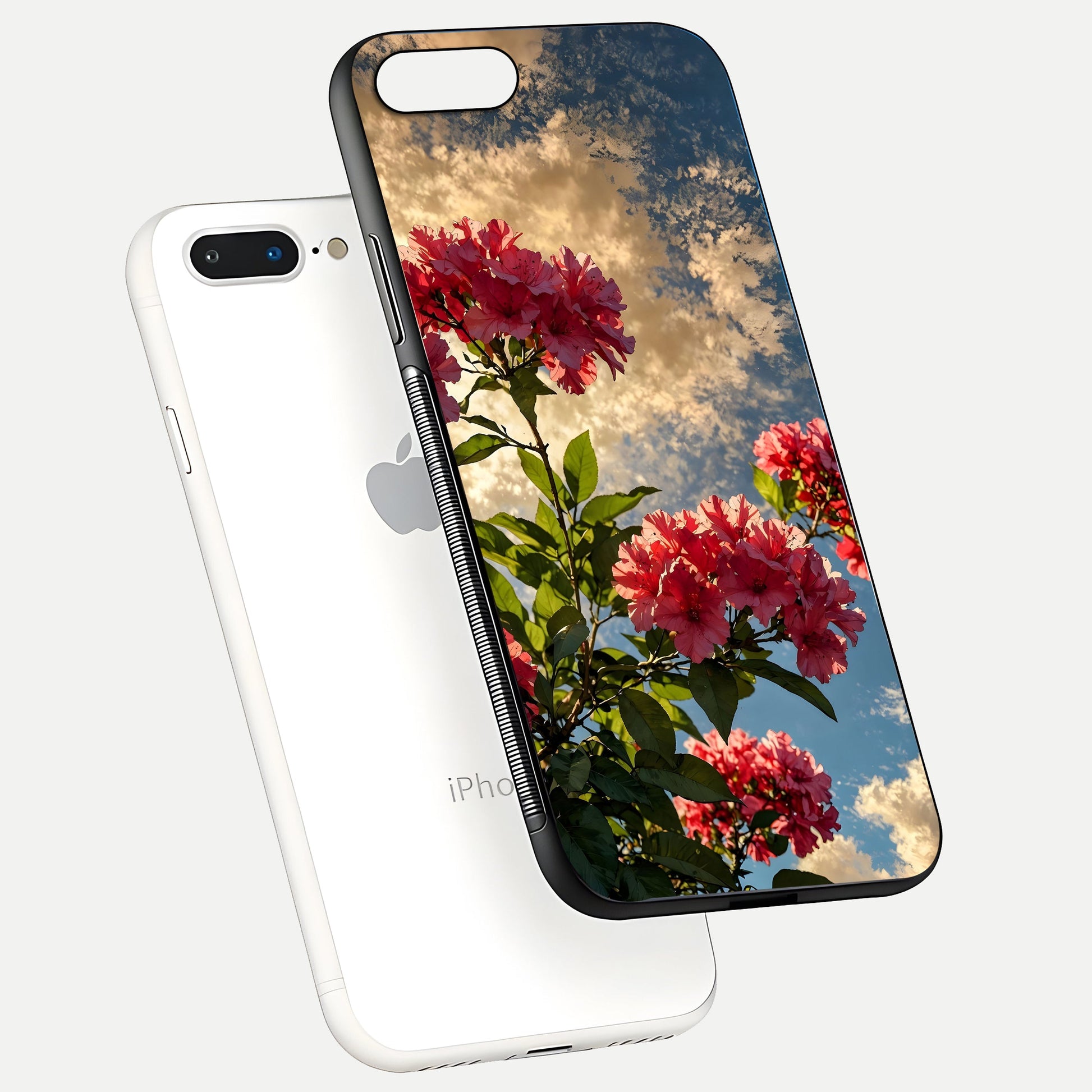 Red Bloom Skies Glass Case for iPhone 7 Plus floating dual-view mockup showing glass gloss and floral pattern