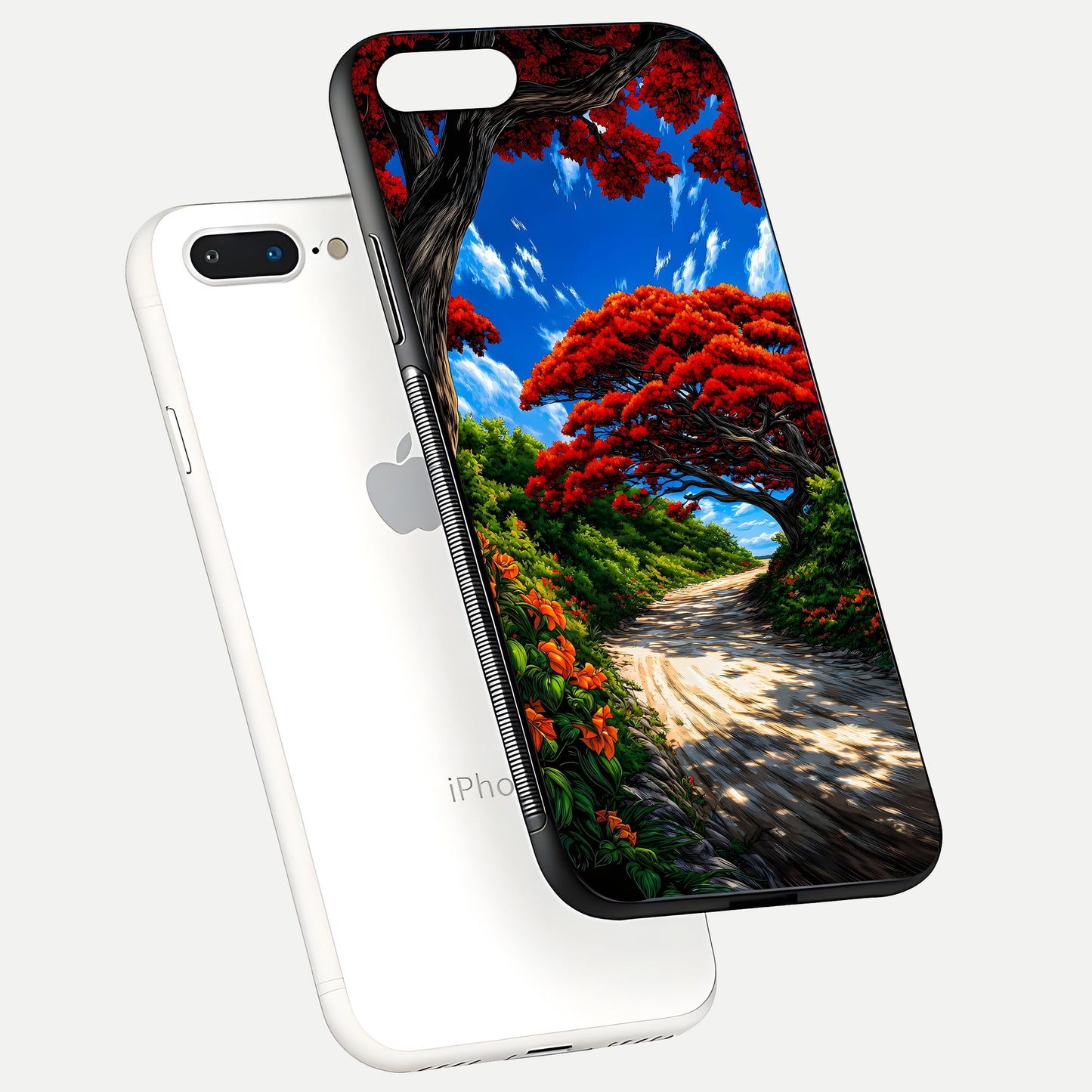 Red Trees Pathway Glass Case for iPhone 7 Plus floating dual-view mockup displaying gloss texture and print depth