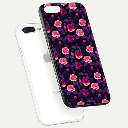 Rose Garden Twilight Glass Case for iPhone 7 Plus floating dual-view mockup displaying gloss surface and depth
