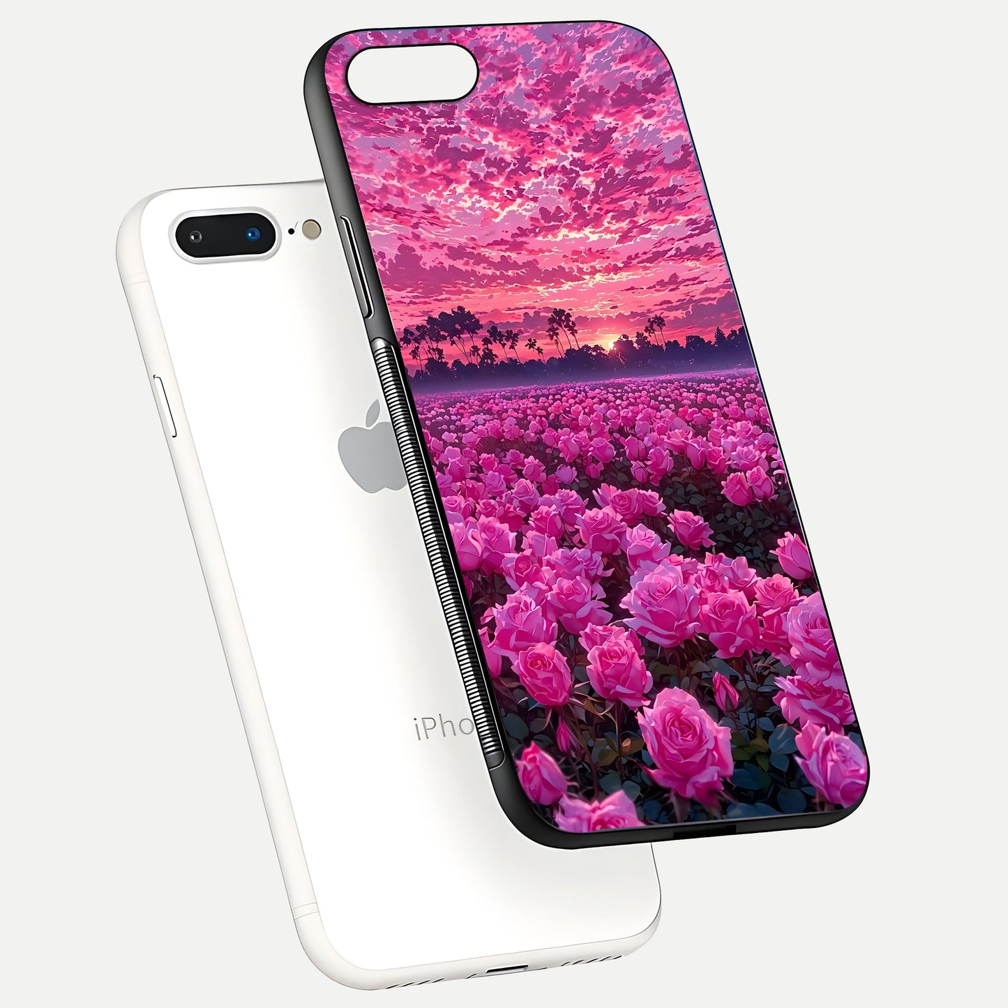 Rose Sunset Valley Glass Case for iPhone 7 Plus floating dual-view mockup showing gloss reflection and art depth