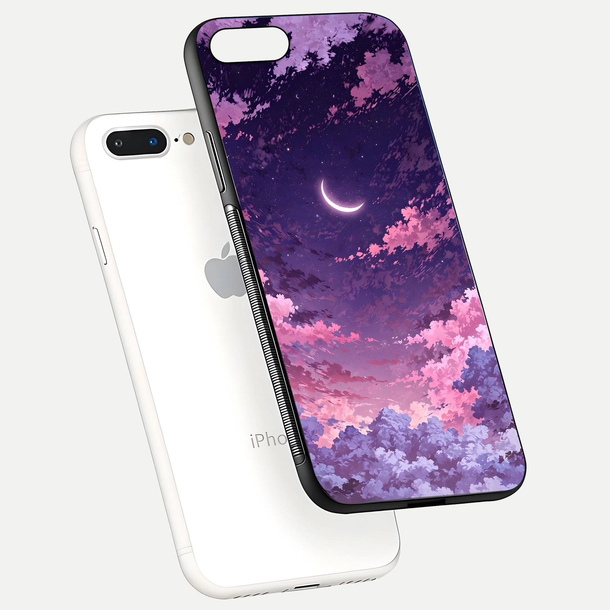 Sky Drift Clouds Glass Case for iPhone 7 Plus floating dual-view mockup displaying gloss shine and depth