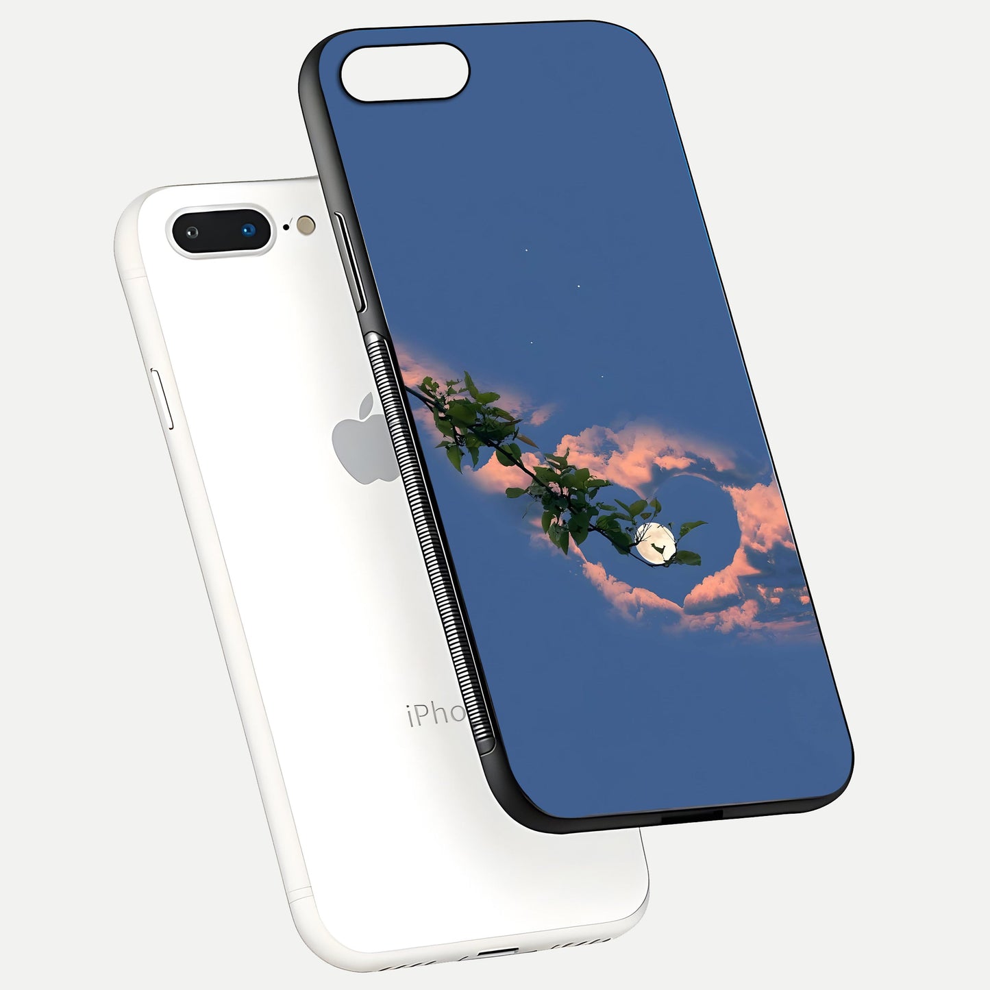 Sky Under Tree Glass Case for iPhone 7 Plus floating dual-view mockup displaying gloss reflection and landscape tone