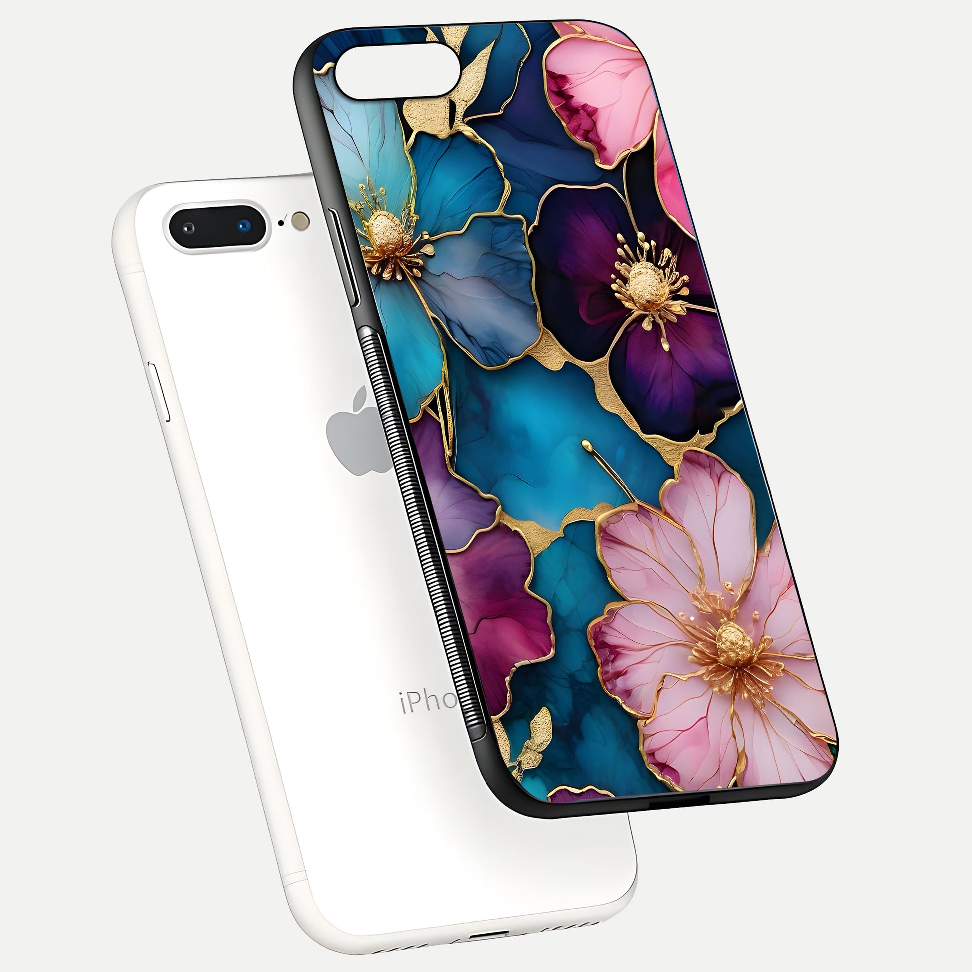 Sparkle Floral Glass Case for iPhone 7 Plus floating dual-view mockup displaying gloss surface and sparkle effect