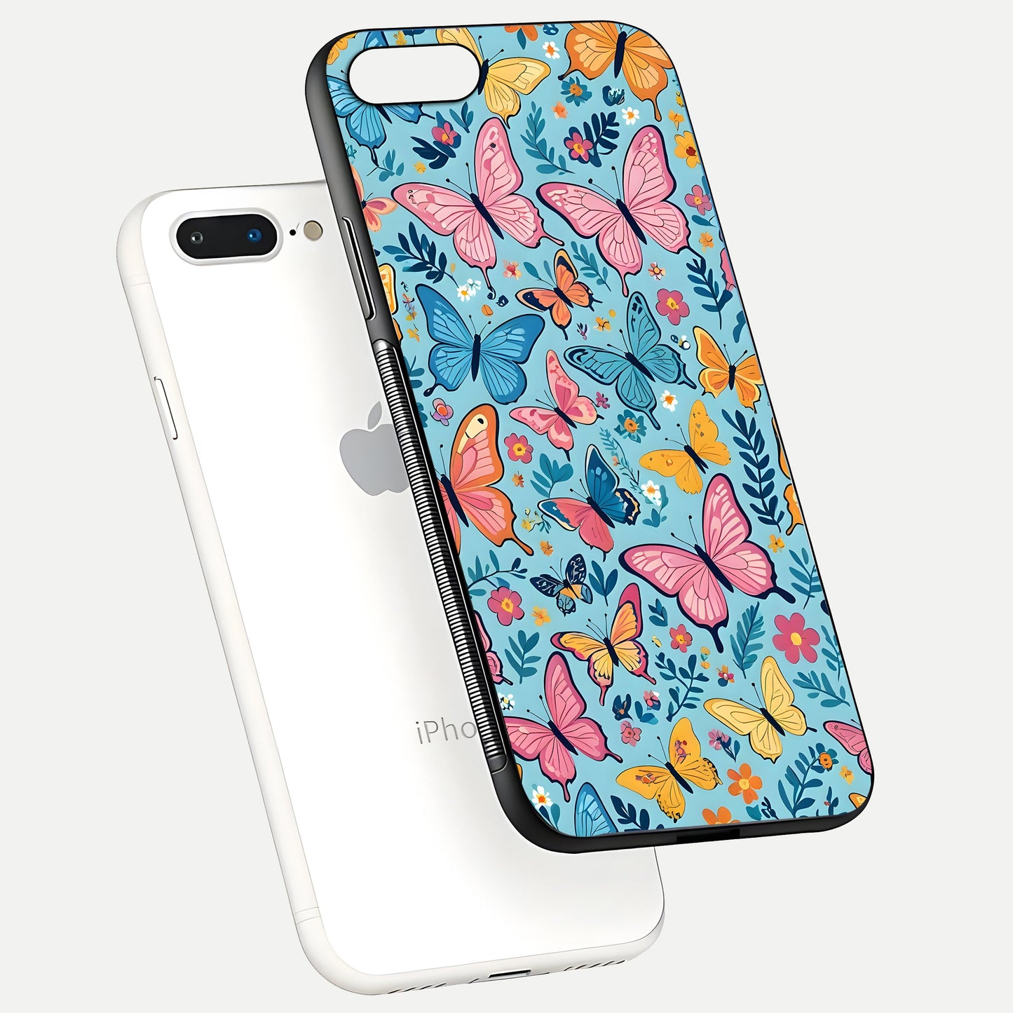 Spring Wing Garden Glass Case for iPhone 7 Plus floating dual-view mockup showing gloss texture and vivid print