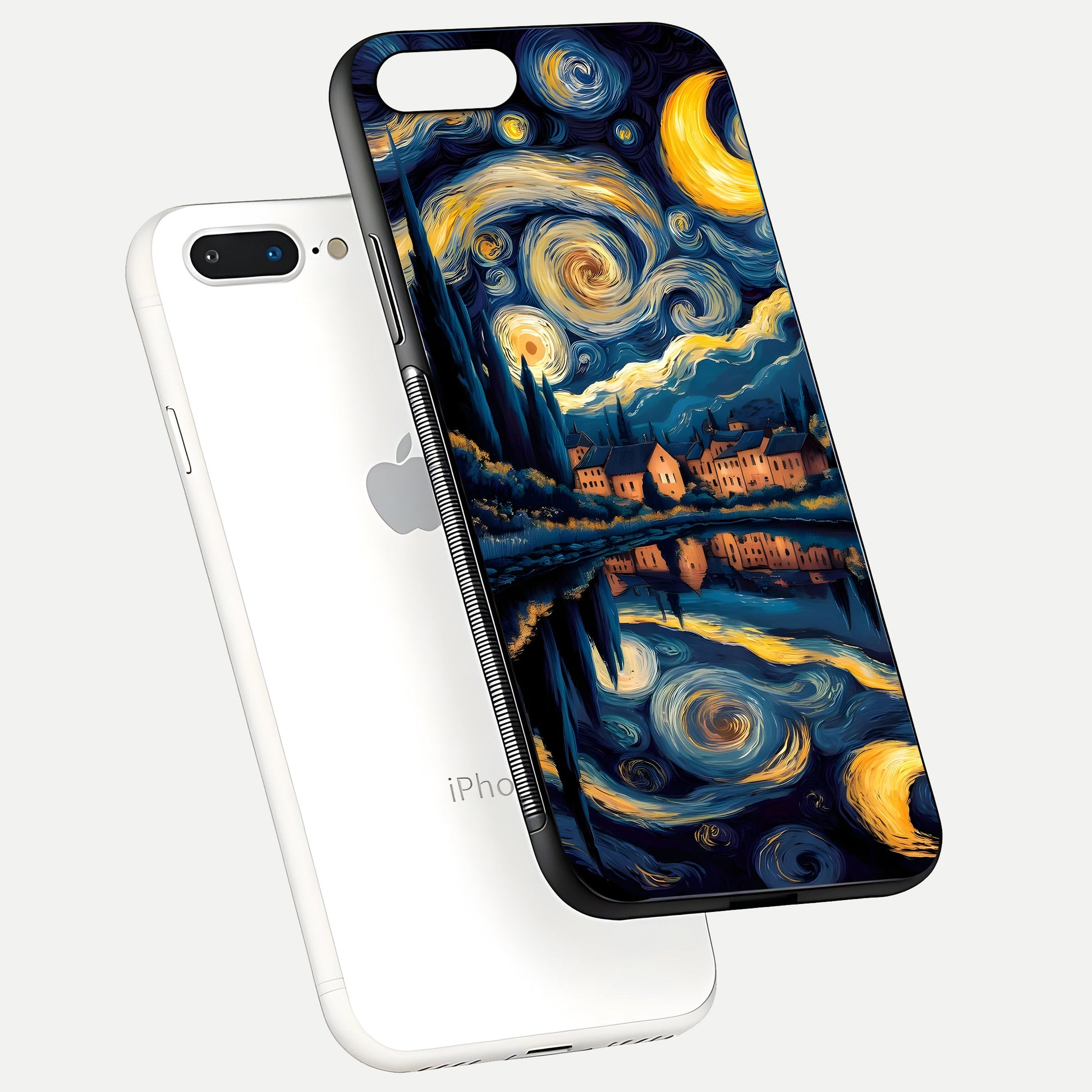 Starry Sky Serenity Glass Case for iPhone 7 Plus floating dual-view mockup displaying gloss texture and shine