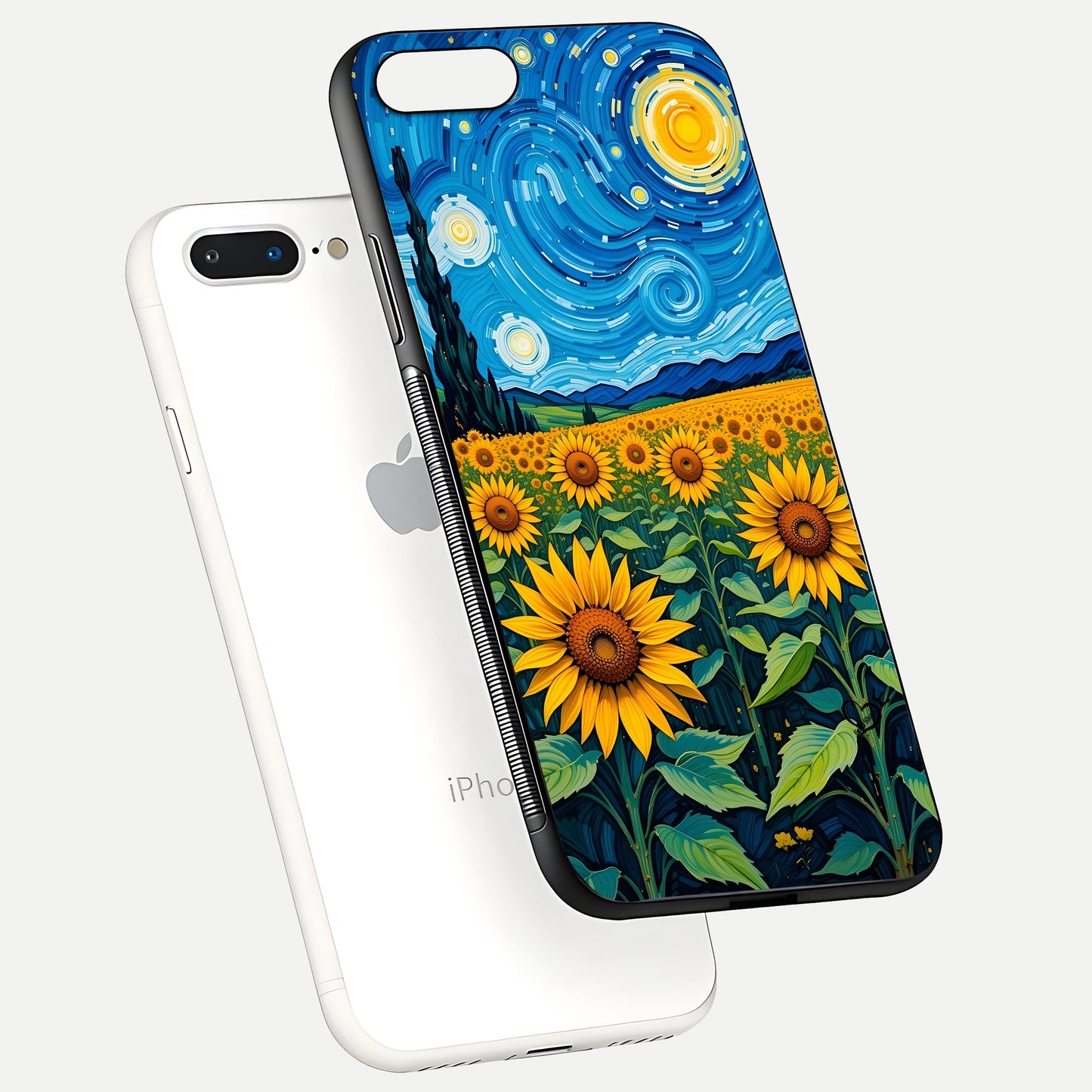 Starry Sunflower Dreams Glass Case for iPhone 7 Plus floating dual-view mockup displaying gloss and vivid print