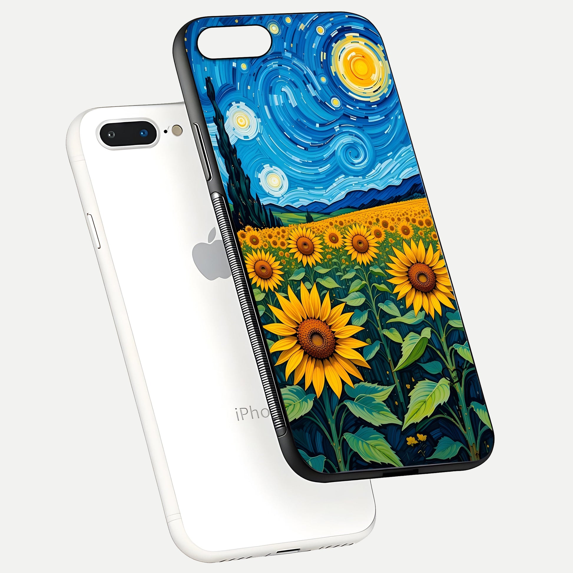 Starry Sunflower Dreams Glass Case for iPhone 7 Plus floating dual-view mockup displaying gloss and vivid print