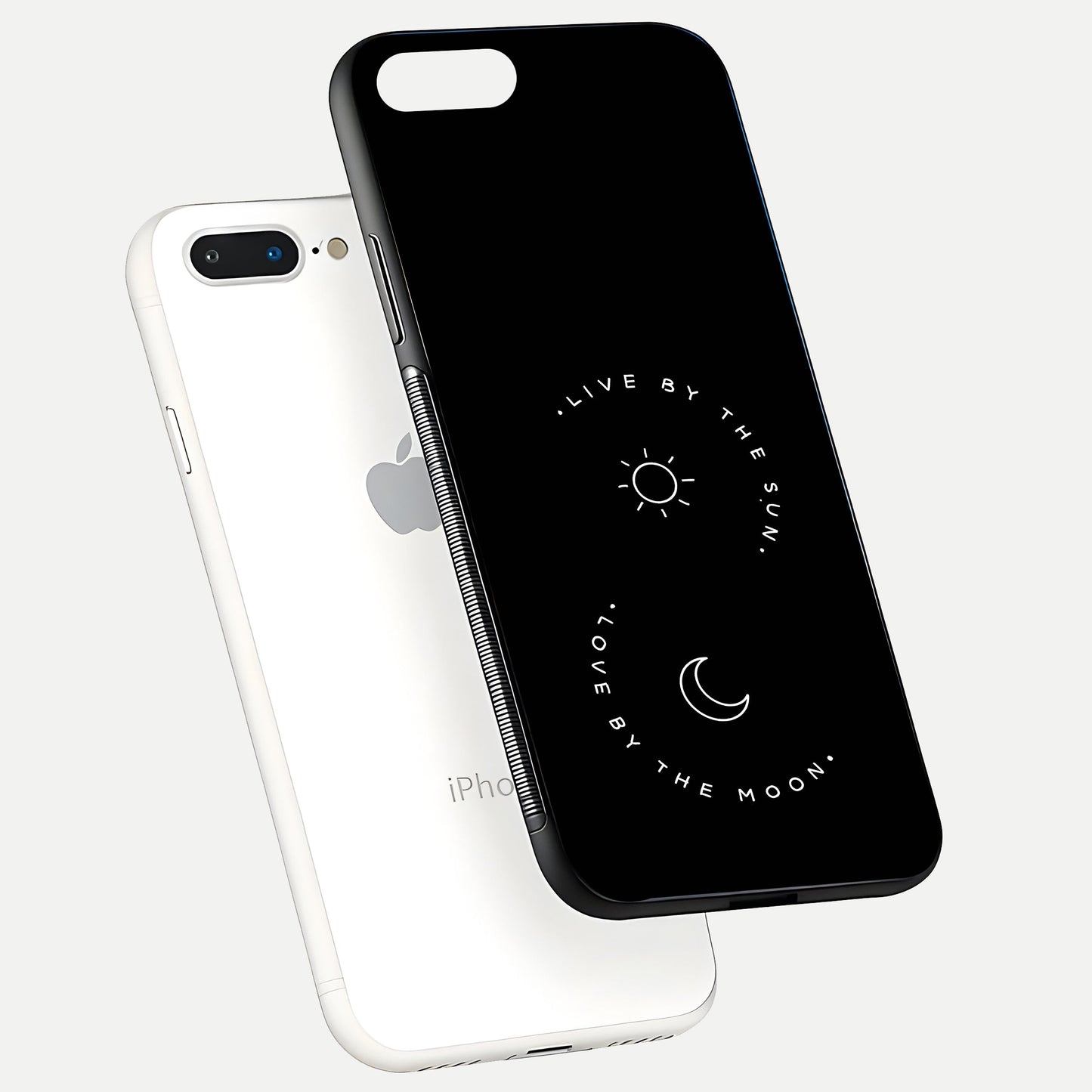 Sun Moon Balance Glass Case for iPhone 7 Plus floating dual-view mockup displaying gloss surface and edge clarity