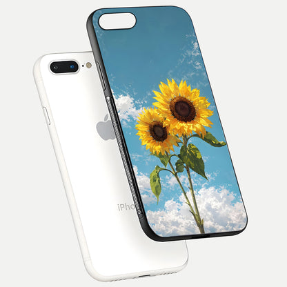 Sunflower Sky Bloom Glass Case for iPhone 7 Plus floating dual-view mockup displaying gloss shine and vibrant texture