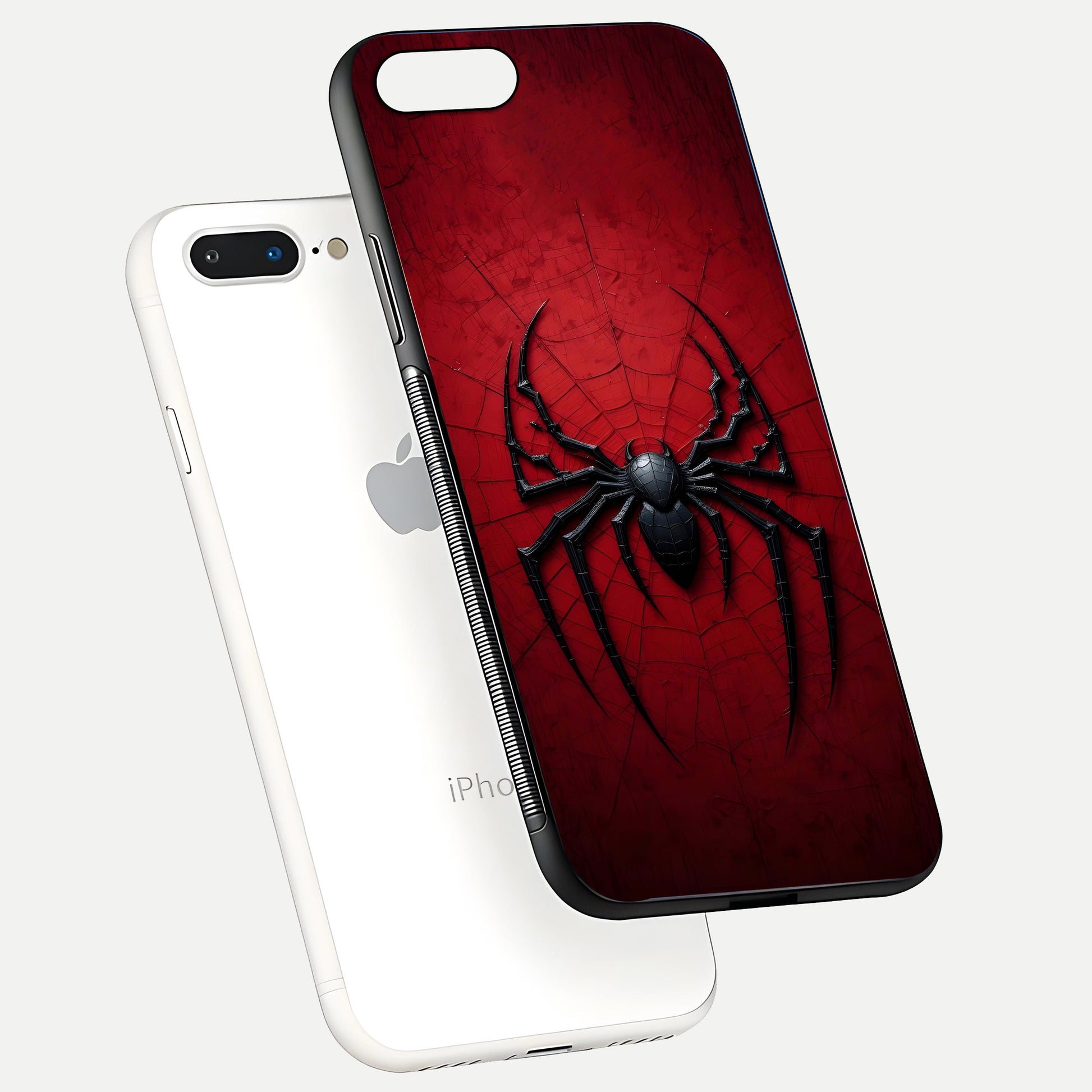 Venom Web Emblem Glass Case for iPhone 7 Plus floating dual-view mockup displaying gloss shine and HD print