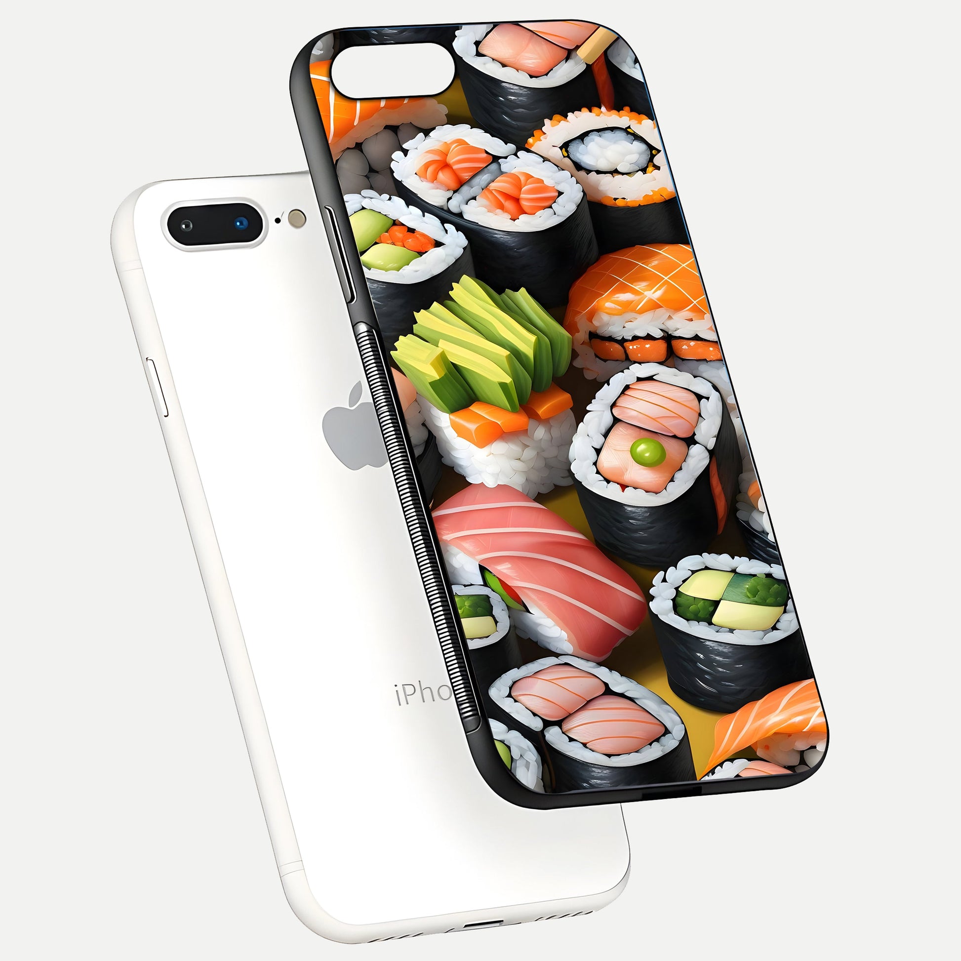 Sushi Food Pattern Glass Case for iPhone 7 Plus floating dual-view mockup displaying gloss and HD pattern