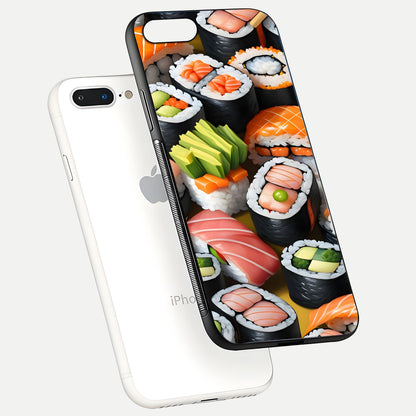 Sushi Food Pattern Glass Case for iPhone 7 Plus floating dual-view mockup displaying gloss and HD pattern