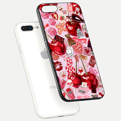 Sweet Cherry Chaos Glass Case for iPhone 7 Plus floating dual-view mockup displaying gloss surface and depth
