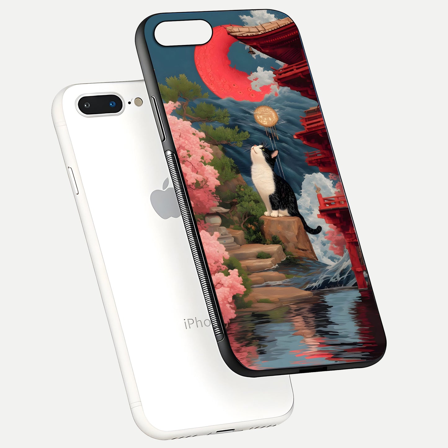 Temple Cat Scenery Glass Case for iPhone 7 Plus floating dual-view mockup displaying gloss and depth detail