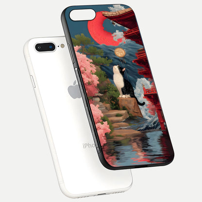 Temple Cat Scenery Glass Case for iPhone 7 Plus floating dual-view mockup displaying gloss and depth detail