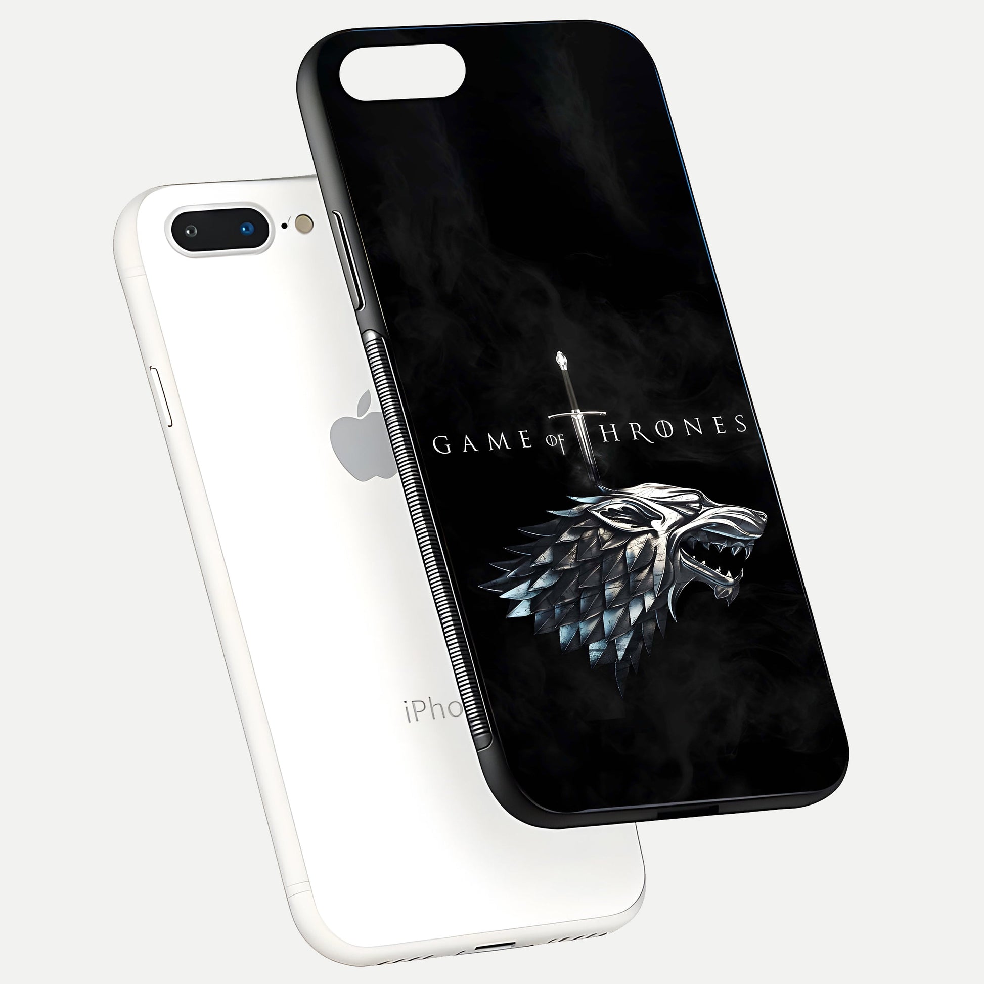 Throne Wolf Legacy Glass Case for iPhone 7 Plus floating dual-view mockup displaying gloss depth and wolf artwork