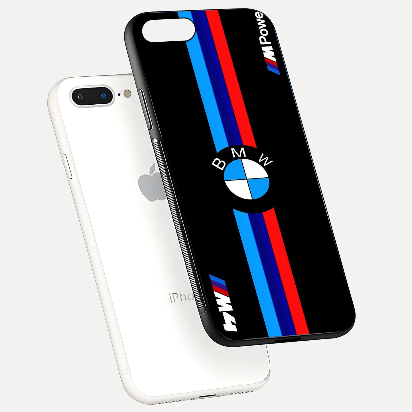 Turbo BMW Beast Glass Case for iPhone 16 Pro floating dual-view mockup displaying gloss texture and vivid print