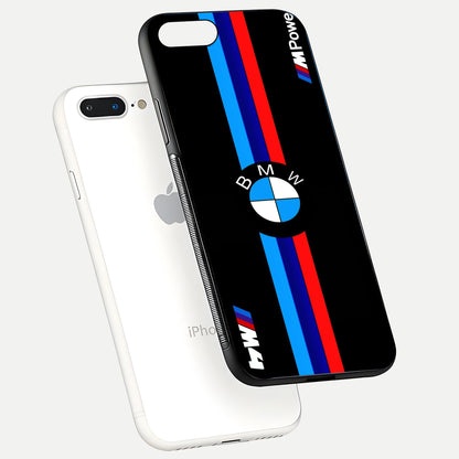 Turbo BMW Beast Glass Case for iPhone 16 Pro floating dual-view mockup displaying gloss texture and vivid print