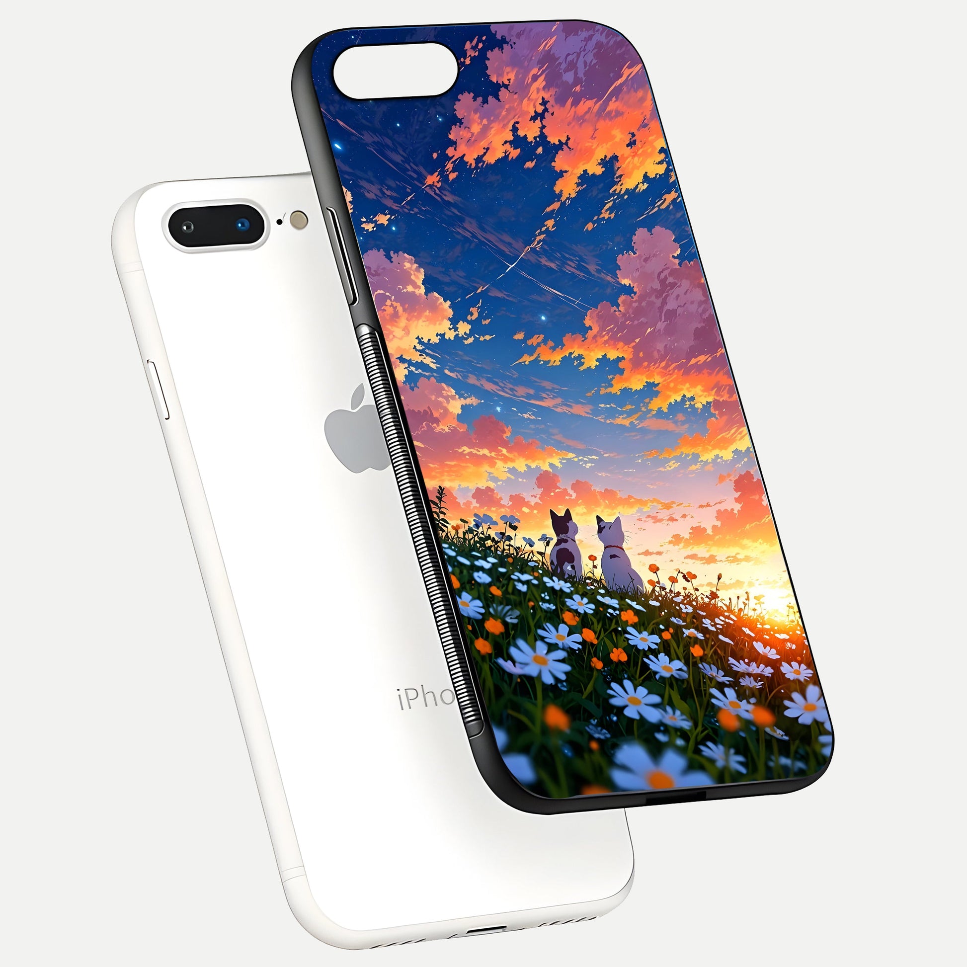 Two Cats Friends Glass Case for iPhone 16 Pro floating dual-view mockup displaying gloss surface and HD print