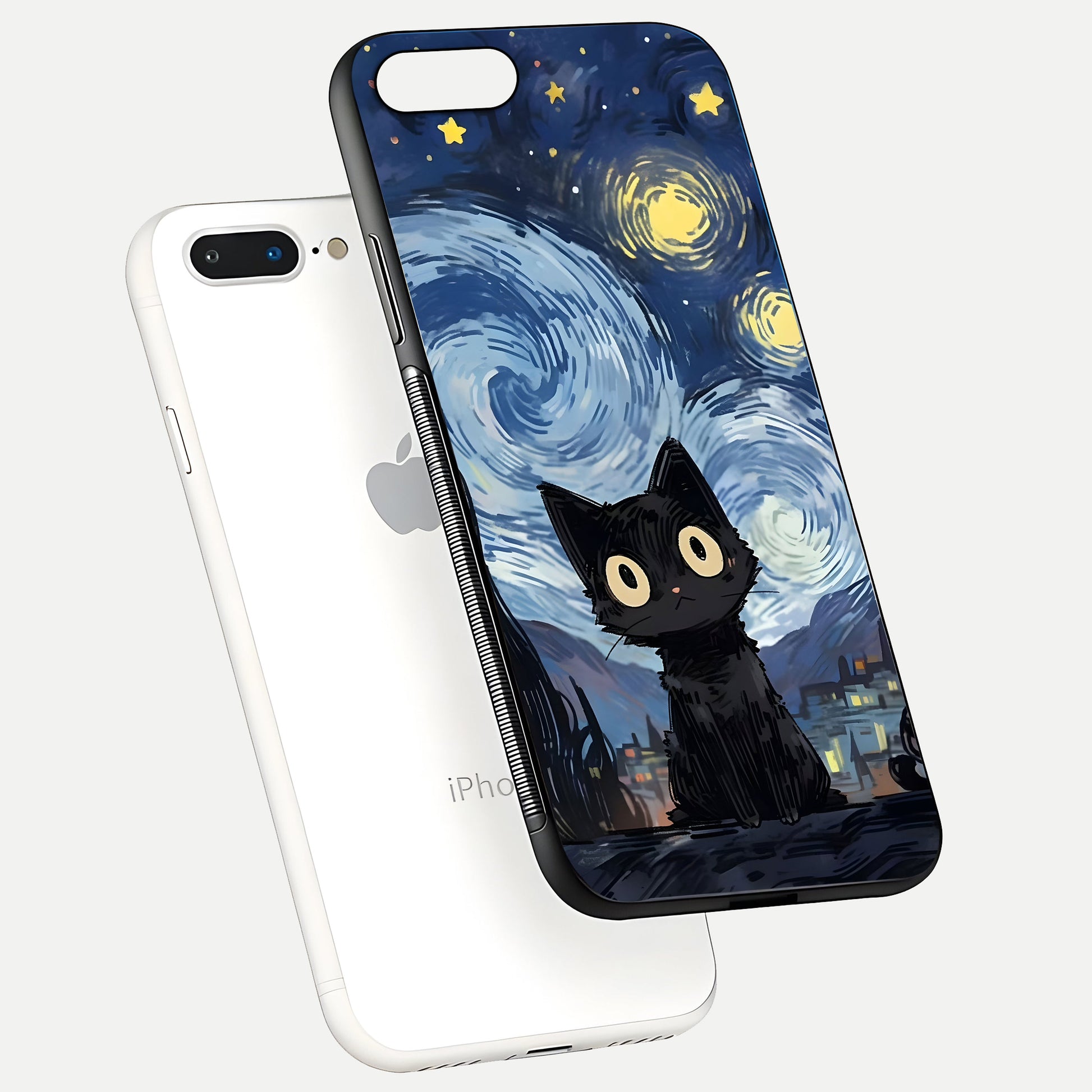 Van Gogh Cat Glass Case for iPhone 7 Plus floating dual-view mockup displaying gloss shine and artistic texture