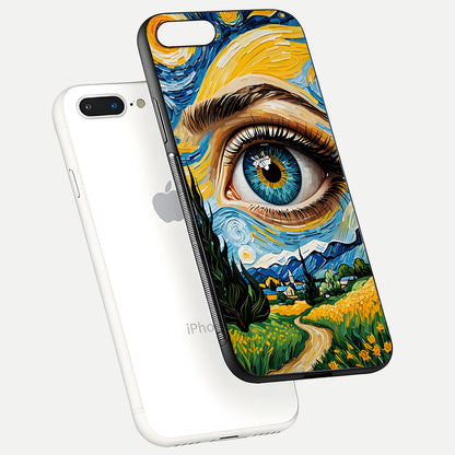 Van Gogh Eye Glass Case for iPhone 16 Pro floating dual-view mockup displaying gloss texture and depth