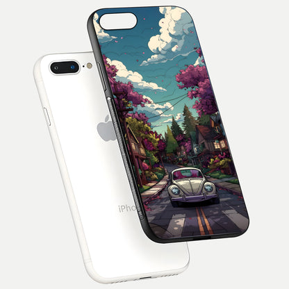Vintage Street Drive Glass Case for iPhone 7 Plus floating dual-view mockup displaying gloss shine and texture