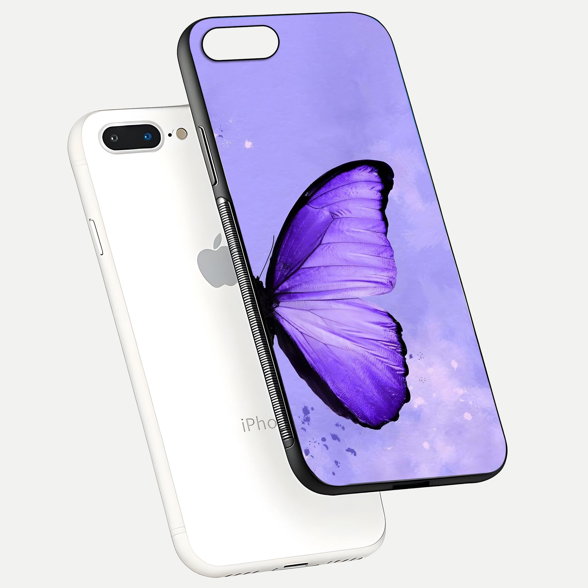 Violet Dream Wing Glass Case for iPhone 16 Pro floating dual-view mockup displaying gloss depth and clarity