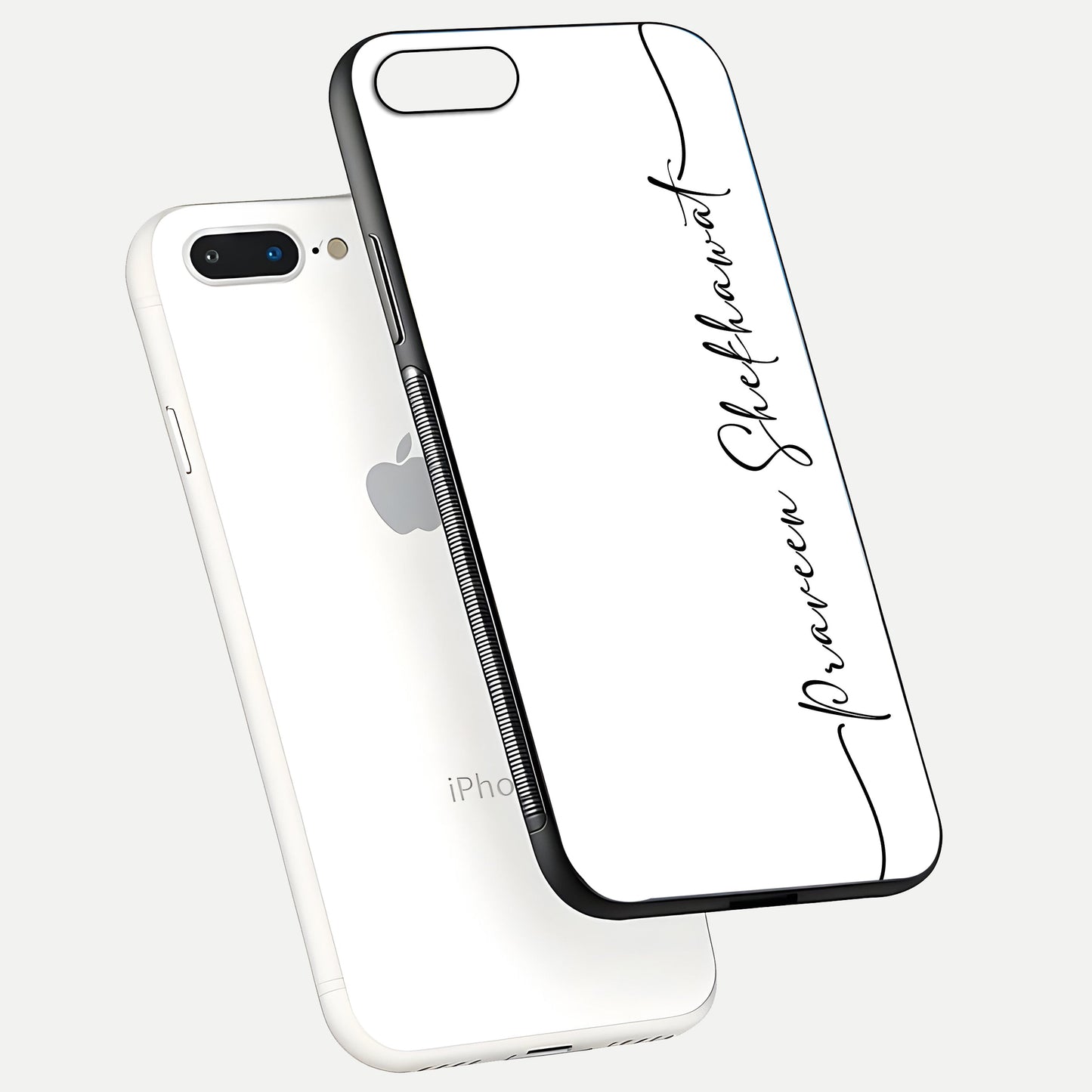 White Tune Custom Name Glass Case for iPhone 7 Plus floating dual-view mockup displaying gloss and HD detail