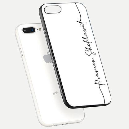 White Tune Custom Name Glass Case for iPhone 7 Plus floating dual-view mockup displaying gloss and HD detail