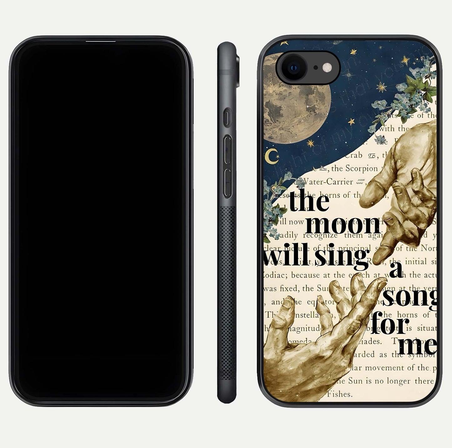 Aesthetic Divine Glass Case for iPhone 16 Pro front and back view layout showing black front display and divine art glass back