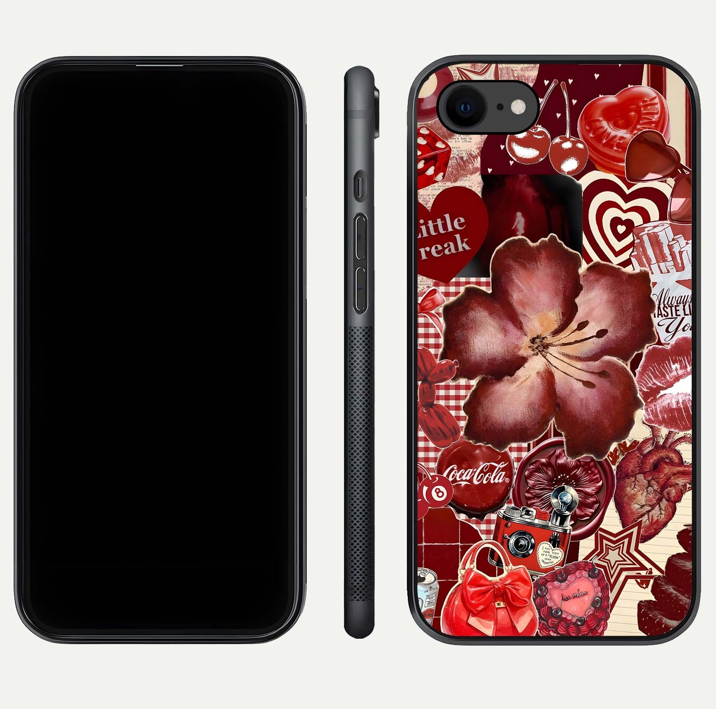 Aesthetic Little Freak Glass Case for iPhone 16 Pro front and back view layout showing black front display and trendy collage glass back