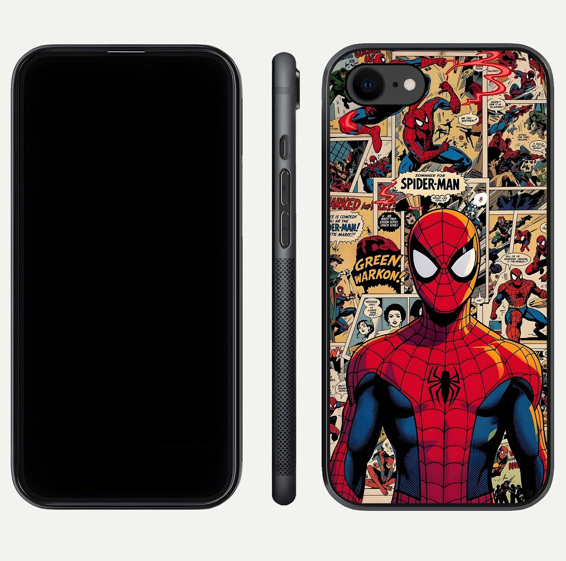 Aesthetic Spider Man Glass Case for iPhone 16 Pro front and back view layout showing black front display and Spider-Man art glass back